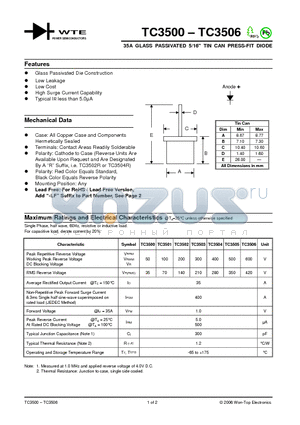 TC3501 datasheet - 35A GLASS PASSIVATED 5/16 TIN CAN PRESS-FIT DIODE