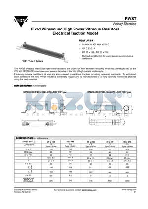 RWST40X370NICS datasheet - Fixed Wirewound High Power Vitreous Resistors Electrical Traction Model