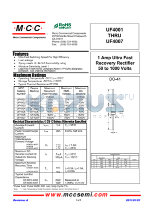 UF4003 datasheet - 1 Amp Ultra Fast Recovery Rectifier 50 to 1000 Volts