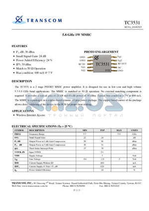 TC3531 datasheet - 5.8 GHz 1W MMIC