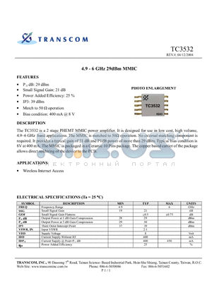 TC3532 datasheet - 4.9 - 6 GHz 29dBm MMIC