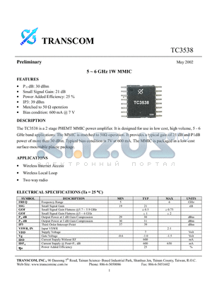 TC3538 datasheet - 5-6 GHz 1W MMIC