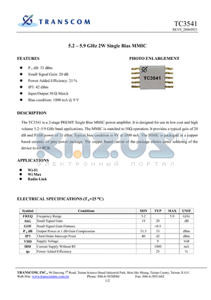 TC3541 datasheet - 5.2 - 5.9 GHz 2W Single Bias MMIC