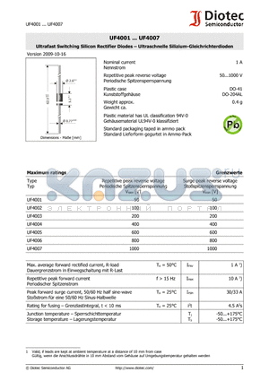 UF4003 datasheet - Ultrafast Switching Silicon Rectifier Diodes  Ultraschnelle Silizium-Gleichrichterdioden