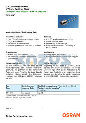 SFH4840 datasheet - UV-Lumineszensdiode