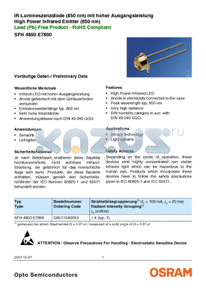 SFH4850E7800 datasheet - IR-Lumineszenzdiode (850 nm) mit hoher Ausgangsleistung High Power Infrared Emitter (850 nm) Lead (Pb) Free Product - RoHS Compliant