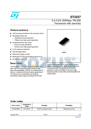 ST3237 datasheet - 3 TO 5.5V, 250KBPS, RS-232 TRANSCEIVER WITH STAND-BY