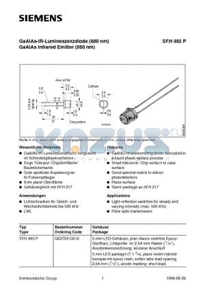 SFH485P datasheet - GaAIAs Infrared Emitter (880 nm)