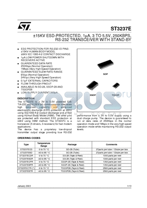 ST3237E datasheet - a15KV ESD-PROTECTED, 1mA, 3 TO 5.5V, 250KBPS, RS-232 TRANSCEIVER WITH STAND-BY