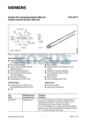 SFH487P datasheet - GaAIAs-IR-Lumineszenzdiode 880 nm GaAIAs Infrared Emitter 880 nm