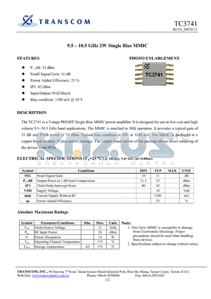 TC3741 datasheet - 9.5 – 10.5 GHz 2W Single Bias MMIC