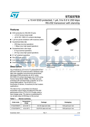 ST3237EBPR datasheet - a 15 kV ESD protected, 1 lA, 3 to 5.5 V, 250 kbps RS-232 transceiver with stand-by