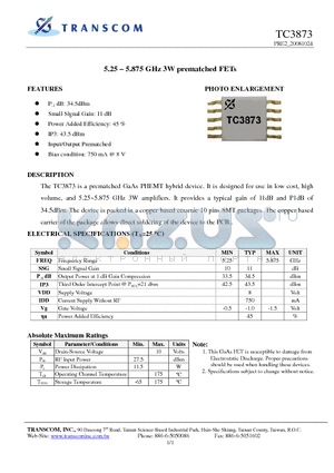 TC3873 datasheet - 5.25 - 5.875 GHz 3W prematched FETs