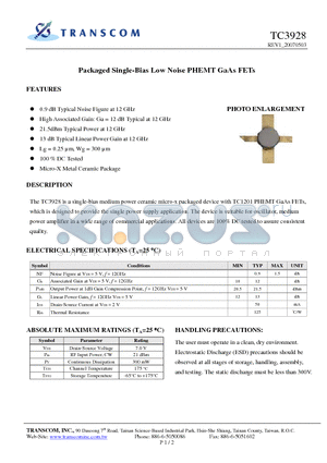 TC3928 datasheet - Packaged Single-Bias Low Noise PHEMT GaAs FETs