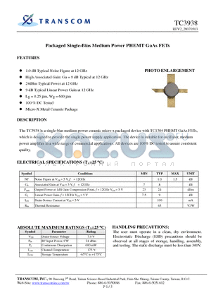 TC3938 datasheet - Packaged Single-Bias Medium Power PHEMT GaAs FETs