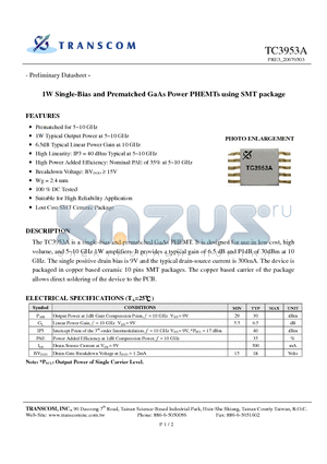 TC3953A datasheet - 1W Single-Bias and Prematched GaAs Power PHEMTs using SMT package