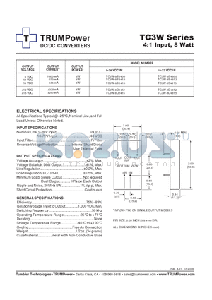 TC3W-8S2405 datasheet - DC/DC CONVERTERS 4:1 Input, 8 Watt