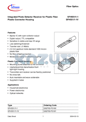 SFH551-1V datasheet - Integrated Photo Detector Receiver for Plastic Fiber Plastic Connector Housing