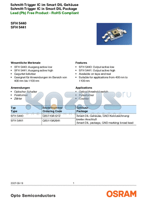 SFH5440 datasheet - Schmitt-Trigger IC im Smart DIL Gehase Schmitt-Trigger IC in Smart DIL Package Lead (Pb) Free Product - RoHS Compliant