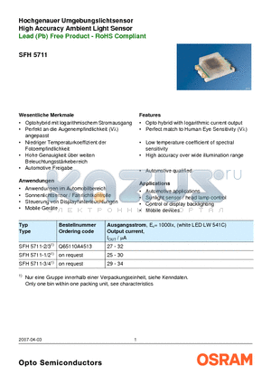 SFH5711 datasheet - High Accuracy Ambient Light Sensor