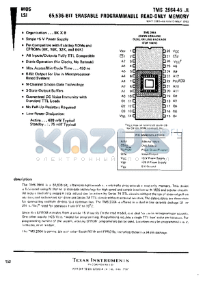 TMS2564-45 datasheet - 65,536-BIT ERASABLE PROGRAMMABLE READ-ONLY MEMORY