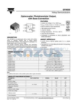 SFH600-2 datasheet - Optocoupler, Phototransistor Output, with Base Connection