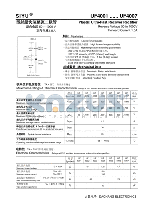 UF4005 datasheet - Plastic Ultra-Fast Recover Rectifier Reverse Voltage 50 to 1000V Forward Current 1.0A