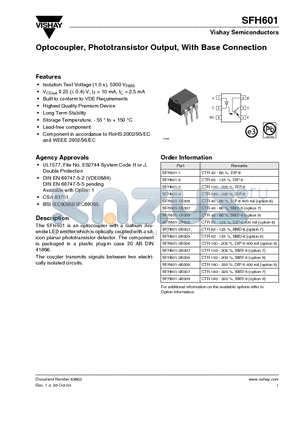 SFH601-1 datasheet - Optocoupler, Phototransistor Output, With Base Connection