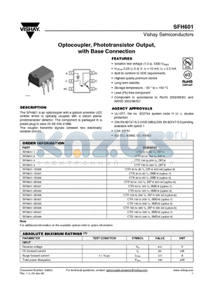 SFH601 datasheet - Optocoupler, Phototransistor Output, with Base Connection