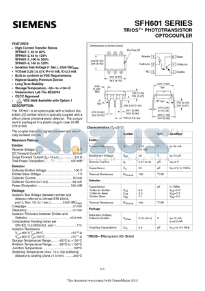 SFH601-2 datasheet - TRIOS PHOTOTRANSISTOR OPTOCOUPLER