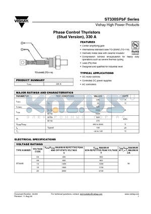 ST330SPBF datasheet - Phase Control Thyristors (Stud Version), 330 A