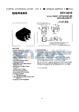 SFH6016 datasheet - 5.3 KV TRIOS OPTOCOUPLER HIGH RELIABILITY