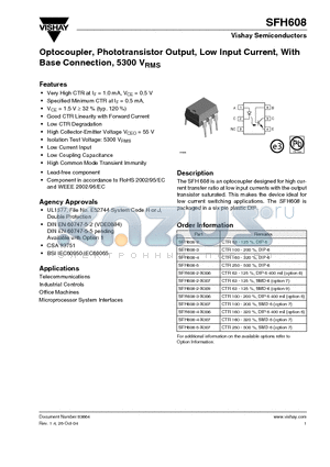 SFH608 datasheet - Optocoupler, Phototransistor Output, Low Input Current, With Base Connection, 5300 VRMS