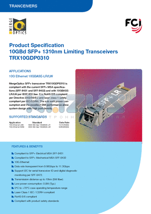RX10GDP0310 datasheet - 10GBd SFP 1310nm Limiting Transceivers