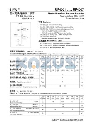 UF4007 datasheet - Plastic Ultra-Fast Recover Rectifier Reverse Voltage 50 to 1000V Forward Current 1.0A