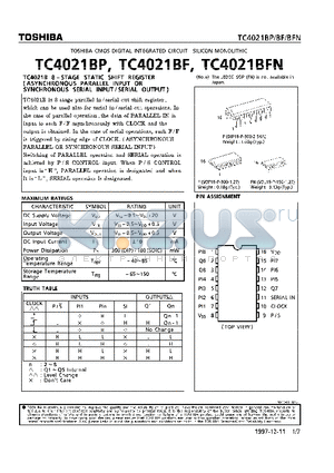 TC4021 datasheet - 8-STAGE STATIC SHIFT REGISTER (ASYNCHRONOUS PARALLEL INPUT OF SYNCHRONOUS SERIAL INPUT SERAL INPUT/SERIAL OUTPUT)