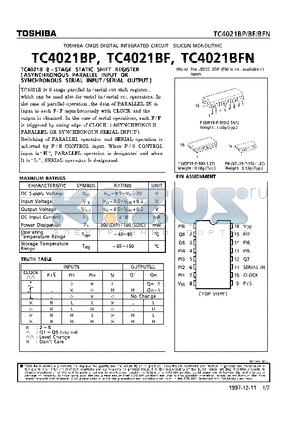 TC4021BF datasheet - 8-STAGE STATIC SHIFT REGISTER (ASYNCHRONOUS PARALLEL INPUT OF SYNCHRONOUS SERIAL INPUT SERAL INPUT/SERIAL OUTPUT)