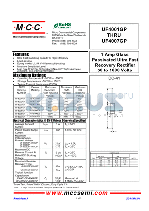 UF4007GP datasheet - 1 Amp Glass Passivated Ultra Fast Recovery Rectifier 50 to 1000 Volts