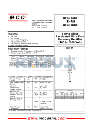 UF4014 datasheet - 1 Amp Glass Passivated Ultra Fast 1400 to 1600 Volts Recovery Rectifier