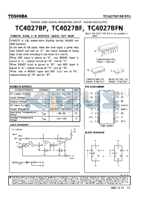 TC4027BF datasheet - DUAL J-K MASTER-SLAVE FLIP FLOP