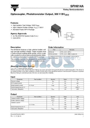 SFH614A datasheet - Optocoupler, Phototransistor Output, 300 V BV-CEO