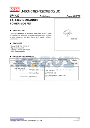 UF4N20L-AA3-R datasheet - 4A, 200V N-CHANNEL POWER MOSFET