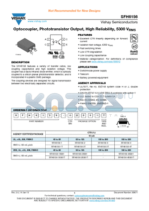 SFH6156-4T datasheet - Optocoupler, Phototransistor Output, High Reliability, 5300 VRMS