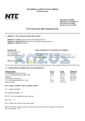 RX1401-16 datasheet - ECG Electronics HD Cleaning Solvent