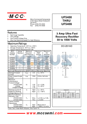 UF5400 datasheet - 3 Amp Ultra Fast Recovery Rectifier 50 to 1000 Volts