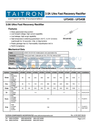 UF5400 datasheet - 3.0A Ultra Fast Recovery Rectifier