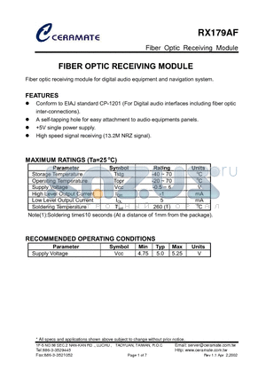 RX179AF datasheet - FIBER OPTIC RECEIVING MODULE