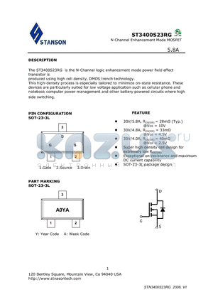 ST3400S23RG_V2 datasheet - N Channel Enhancement Mode MOSFET