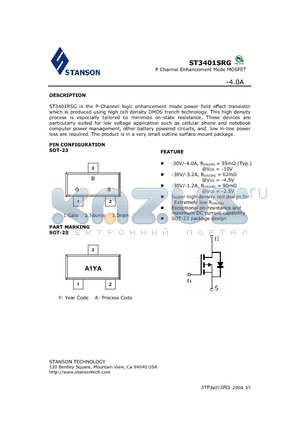ST3401SRG datasheet - ST3401RSG is the P-Channel logic enhancement mode power field effect transistor which is produced using high cell density DMOS trench technology.