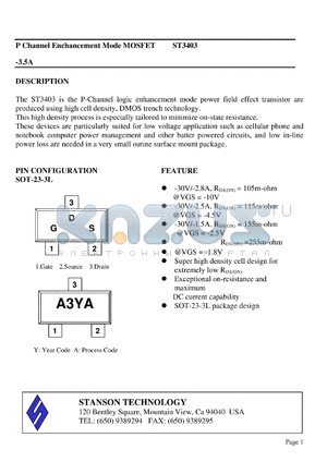 ST3403 datasheet - P Channel Enchancement Mode MOSFET